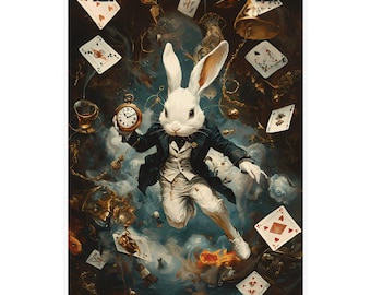 Könnte beinhalten: Ein weißes Kaninchen, das eine Weste trägt und eine Taschenuhr hält, umgeben von Spielkarten und anderen fantasievollen Elementen. Das Kaninchen fliegt durch die Luft und hinterlässt eine Rauchspur.