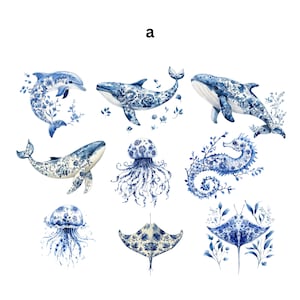 May include: Watercolor illustrations of marine life, including whales, dolphins, jellyfish, seahorse, and stingrays. The designs feature blue and white floral patterns, creating a nautical and artistic theme. The letter "a" is in the top center.