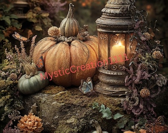 May include: An autumn-themed still life featuring pumpkins, a lantern, and butterflies. The scene includes various sizes of orange and green pumpkins, a lit candle lantern, and decorative foliage. The image has a warm, inviting color palette.