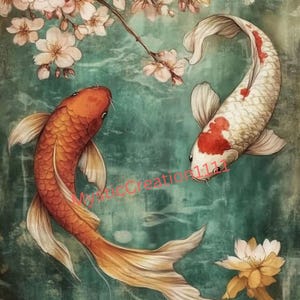 Papel de arroz para decoupage con diseño de estanque de peces koi vintage n.° 373, papel de arroz tamaño carta para posavasos, cajas de baratijas, velas, muebles y manualidades.
