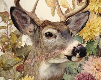 May include: Watercolor painting of a deer with large antlers, surrounded by yellow and pink flowers, green leaves, and a butterfly. The deer has brown fur and a black nose. The artwork has a soft, natural aesthetic.