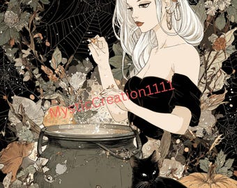 Decoupage Rice Paper with Halloween Witch Cauldron #433, Rice paper for Coaster, Trinket Box, Candle, Furniture, Scrapbook Journal