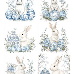 Papier de riz à découper avec 6 motifs carrés de lapin de Pâques en toile bleue n°52, papier de riz pour sous-verre, boîte à bibelots, meubles et fournitures pour travaux manuels