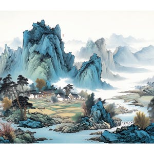 Decoupagepapier chinoiserie Oosters Chinees landschapsinktschilderij #236, rijstpapier Letter-formaat voor Snuisterijdoosje, kaars, meubels en ambacht