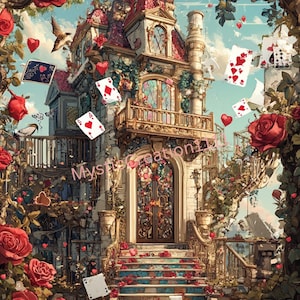 May include: An artistic rendering of a whimsical house with a red roof, surrounded by red roses and playing cards. The house has a balcony and ornate details, with playing cards and hearts floating in the air. The scene evokes a fairytale or fantasy theme.