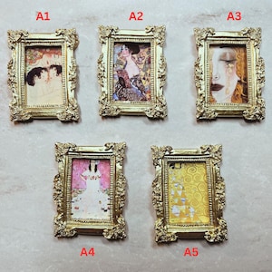 Gustav Klimt Miniature Painting for Dollhouse Diorama Shadowbox – 1:12 Scale Framed Wall Art – Vintage Style Mini Art – The Kiss, Adele