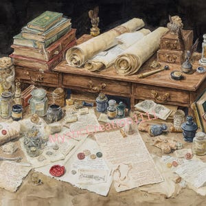 May include: Watercolor painting of a vintage desk with books, scrolls, and writing supplies. The desk is cluttered with ink bottles, jars, and documents. A stack of books sits on the desk, and rolled scrolls are on top. The scene evokes a historical or fantasy theme.