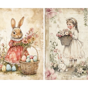Papier de riz pour découpage avec 2 motifs vintage de lapins de Pâques #92, papier de riz pour dessous de verre, boîte à bijoux, bougie, meubles et fournitures pour travaux manuels