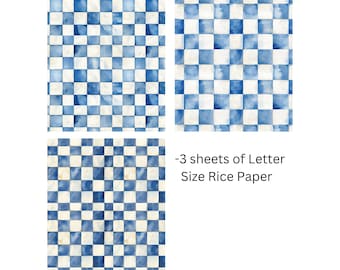Decoupage Rice Brown Blue Checkered Plaid Pattern #104 Bundle, Letter Size Rice paper for Coaster, Trinket Box, Candle, Furniture & Crafts