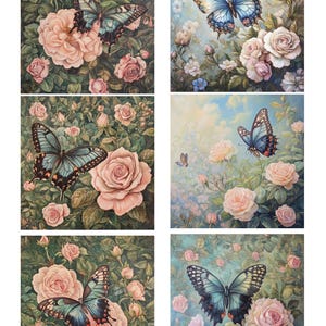 Papier de riz pour découpage avec 6 roses papillon carrées style Hannah Yata #67, papier de riz pour sous-verre, boîte à bijoux, meubles, journal de scrapbooking