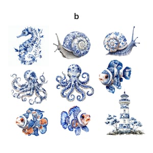 May include: A collection of blue and white porcelain-style marine life illustrations. The image includes a seahorse, snails, octopuses, clownfish, and a lighthouse, all with intricate floral patterns.