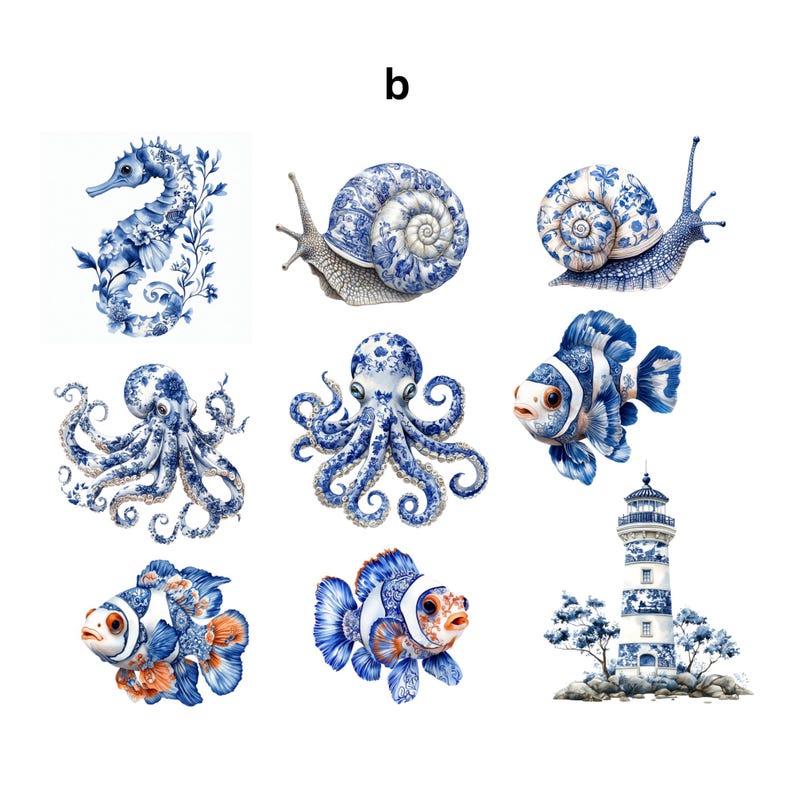 May include: A collection of blue and white porcelain-style marine life illustrations. The image includes a seahorse, snails, octopuses, clownfish, and a lighthouse, all with intricate floral patterns.