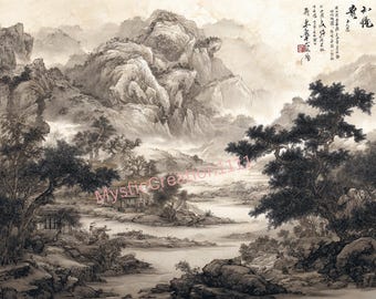 Decoupage Rice Paper Oriental Chinese Ink Art Painting #, Letter Size Rice paper for Trinket Box, Candle, Furniture, Craft, Junk Journal