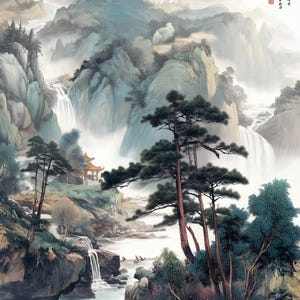 Papier de découpage, Chinoiserie, paysage oriental chinois, peinture à l'encre n° 242, format lettre, papier de riz pour boîte à bijoux, bougie, meuble et travaux manuels