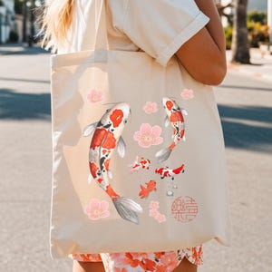 Koi Fish Japanese Cherry Blossom art Cotton Canvas Tote Bag Nishikigoi Eco-Friendly Shopping Bag Minimalist Tote Gift for Her Japan Lovers