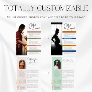 May include: Two side-by-side comparisons of customizable doula service marketing materials. The left side shows a color version with a photo of a pregnant woman and the text "What to Expect" and "Meet the Doula". The right side shows a black and white version of the same design.