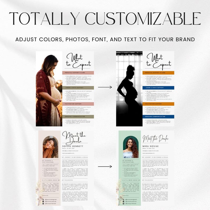 May include: Two side-by-side comparisons of customizable doula service marketing materials. The left side shows a color version with a photo of a pregnant woman and the text "What to Expect" and "Meet the Doula". The right side shows a black and white version of the same design.