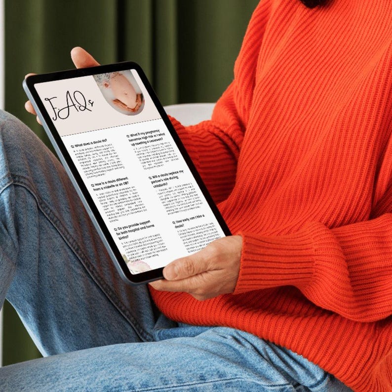 May include: A person is reading a digital document on a tablet. The document is titled "FAQ" and contains questions and answers about pregnancy and childbirth.