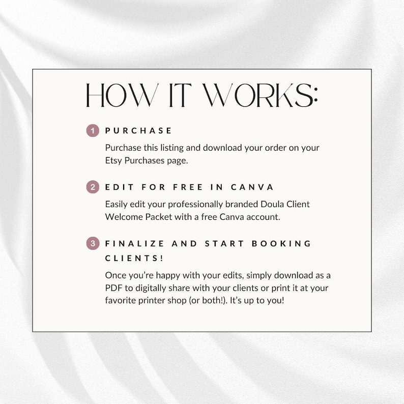 May include: A white background with black text explaining how to purchase, edit, and finalize a Doula Client Welcome Packet. The text includes the steps: 1. Purchase, 2. Edit for Free in Canva, and 3. Finalize and Start Booking Clients!