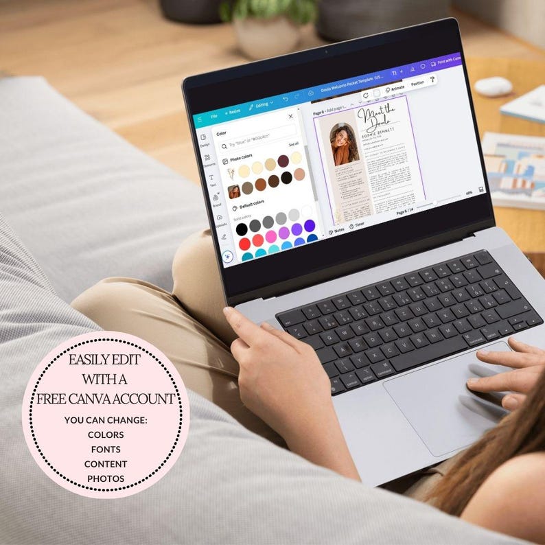 May include: A person using a laptop to edit a magazine layout in Canva. The screen shows a magazine page with the title "Meet the Dude" and a photo of a woman. The text on the screen says "Easily edit with a free Canva account. You can change: colors, fonts, content, photos."