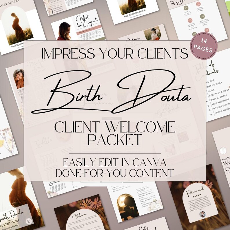 Editable birth doula client welcome packet, doula welcome packet, doula template, doula client onboarding, birth worker tools, Canva Doula Template, Doula Client Packet, Client Onboarding Kit
Doula Business Tools
Birth Worker Tools
New Client Packet