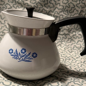 Könnte beinhalten: Weiße Emaille-Kaffeekanne mit schwarzem Griff und Deckel. Die Kanne hat ein silbernes Band und ein blaues Blumendesign. Ein Vintage-Küchenartikel.