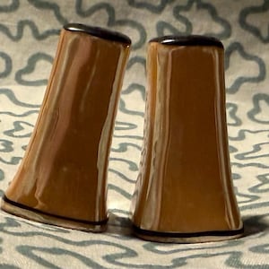 May include: Two ceramic salt and pepper shakers. The shakers are light brown with a glossy finish. Each shaker has a black band around the top and bottom. The shakers are slightly tilted.