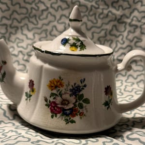 May include: White ceramic teapot with a lid, handle, and spout. The teapot is decorated with colorful floral patterns, including red, yellow, blue, and purple flowers. The rim and lid are trimmed with green. The teapot is a classic design.