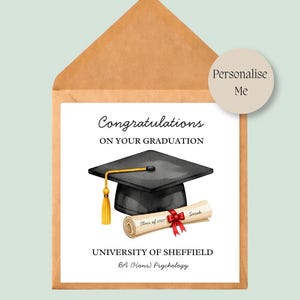May include: A square graduation greeting card in a brown envelope featuring a black mortarboard with a gold tassel and a rolled diploma tied with a red ribbon. The text reads Congratulations ON YOUR GRADUATION, UNIVERSITY OF SHEFFIELD, BA (Hons) Psychology, Class of 2027, and Sarah.