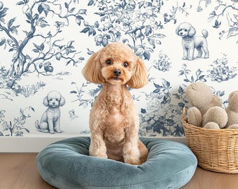 カスタムカラーの犬用壁紙、トイプードルのトワル・ド・ジュイ、気まぐれなヴィンテージ植物装飾、剥がして貼れる、取り外し可能、あらかじめ糊付け済み、ビニール