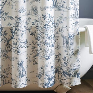 Golden Retriever Toile Fabric Shower Curtain – Whimsical Dog Botanical Pattern, Vintage French Country Bathroom Decor, Custom Color