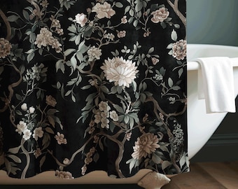 Black Floral Shower Curtain | Moody Muted Botanical Flower Chinoiserie | Cute Boho, Dark Academia, Gothic, Cottagecore Bathroom Decor