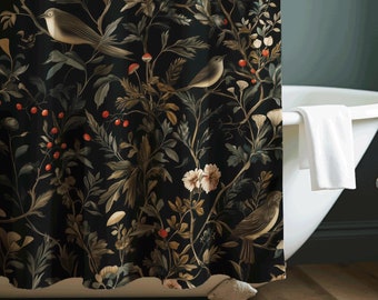 Cortina de ducha estilo chinoiserie con pájaros, caprichosa, melancólica, botánica, estilo boscoso, academia oscura, estilo brujería, gótico maximalista, decoración de baño cottagecore.