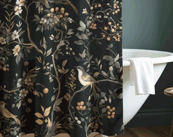 Cortina de ducha estilo chinoiserie con pájaros, caprichosa, melancólica, botánica, estilo boscoso, academia oscura, estilo brujería, gótico maximalista, decoración de baño cottagecore.