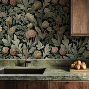 Tapeta Moody Botanical Farmhouse, inspirowana Williamem Morrisem, wystrój Cottagecore | Paste the Wall, z klejem, zdejmowana, samoprzylepna, winylowa