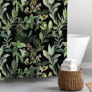 Green Botanical Shower Curtain | Moody Black Herbal Leaf | Dark Academia, Maximalist, Cottagecore Bathroom Decor | Fabric Shower Curtain