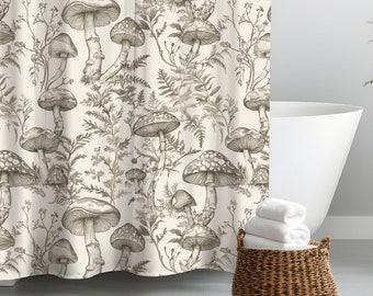 Cortina de ducha con diseño de hongos, con un toque neutro, caprichoso, mágico, de bosque botánico, estilo academia ligero, estilo rústico y cottagecore.
