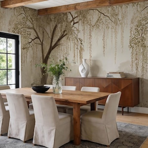 Neutral Botanical Wallpaper Mural, Moody Willow Tree Woodland Forest Landscape, Statement Wall Art, Japandi Decor (Traditional, Peel Stick)