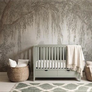 Neutral Botanical Wallpaper Mural, Willow Tree Woodland Forest Landscape, Nursery Statement Wall, Japandi Decor (Traditional, Peel Stick)