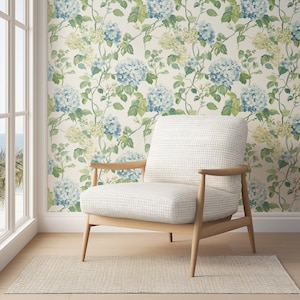 Botanical Vintage Floral Wallpaper | Peel and Stick, Removable, Pre-Pasted, Seamless | Painted Hydrangea | Farmhouse, Cottagecore Decor
