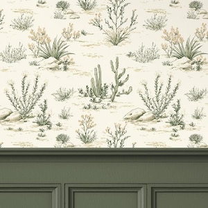 Western Botanical Toile Wallpaper | Green Cactus Scenic Desert Landscape Cottagecore Decor | Peel and Stick, Removable, Pre-Pasted, Vinyl
