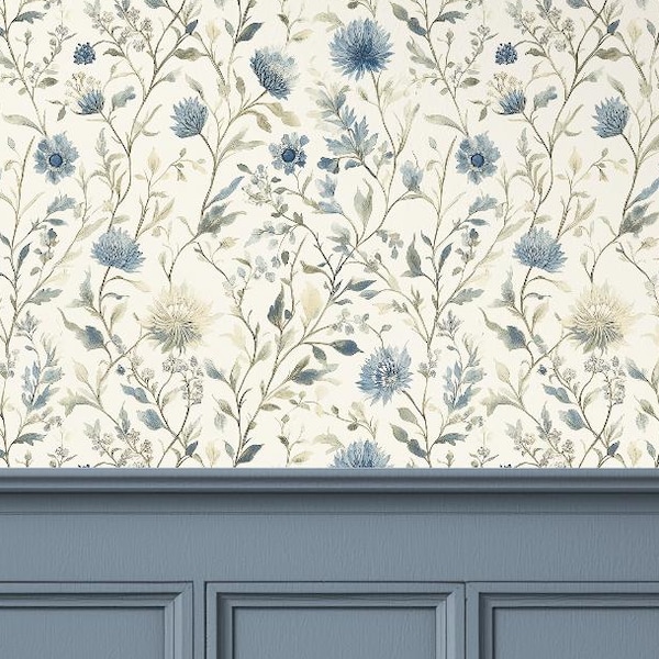 Blue Thistle Floral Wallpaper | Vintage Watercolor Botanical, Light Academia Cottagecore Decor | Peel and Stick, Removable, Prepasted, Vinyl