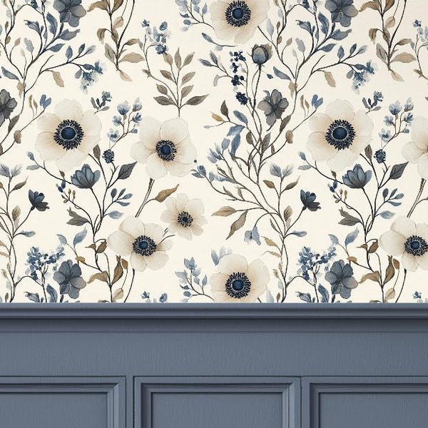 Cream Anemone Floral Wallpaper, Navy Accent Vintage Botanical, Light Academia Cottagecore Decor | Removable Peel and Stick, Prepasted, Vinyl