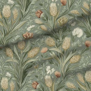 May include: A repeating pattern of stylized wheat and floral elements in shades of green, beige, and peach. The design features detailed illustrations of wheat stalks, flowers, and leaves, creating a vintage, botanical aesthetic. The fabric is likely suitable for home decor or apparel.