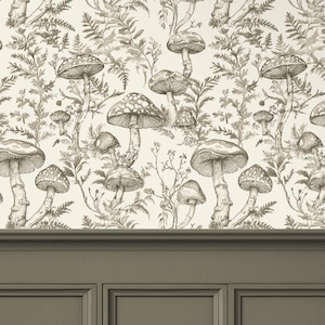 Papel pintado de hongos con efecto toile / Decoración botánica estilo cottagecore con bosque / Despegar y pegar, extraíble, preencolado, sin encolar, sin costuras