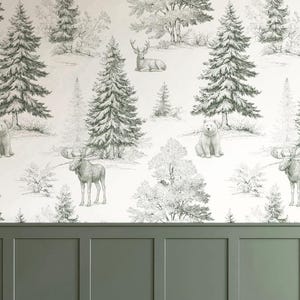 Green Woodland Toile Wallpaper, Whimsical Forests Animals, Rustic Cabin Decor | Paste the Wall, Prepasted, Removable Peel & Stick, or Vinyl