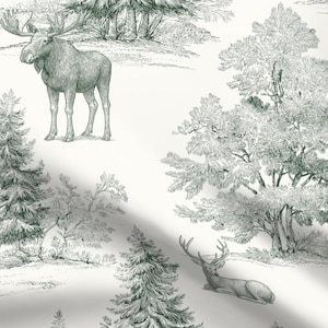 May include: A fabric with a forest scene design in shades of green and white. The pattern features a moose, deer, trees, and other forest elements. The design is a detailed illustration, creating a classic, nature-inspired aesthetic.