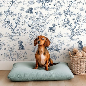 Papel de parede personalizado para cães, Toile de Jouy de Dachshund, decoração botânica vintage excêntrica, removível, pré-colado, vinil