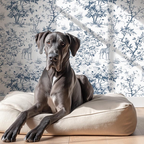 Custom Color Dog Wallpaper, Great Dane Toile de Jouy, Whimsical Vintage Botanical Decor, Peel & Stick, Removable, Pre-Pasted, Vinyl
