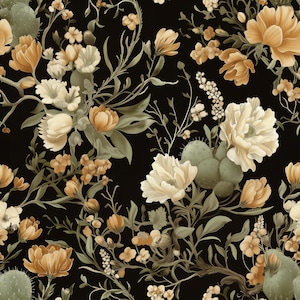 Carta da parati Western scura e malinconica / Design Chinoiserie con cactus floreali e botanici / Decorazioni cottagecore stravaganti / Staccabile, rimovibile, preincollata